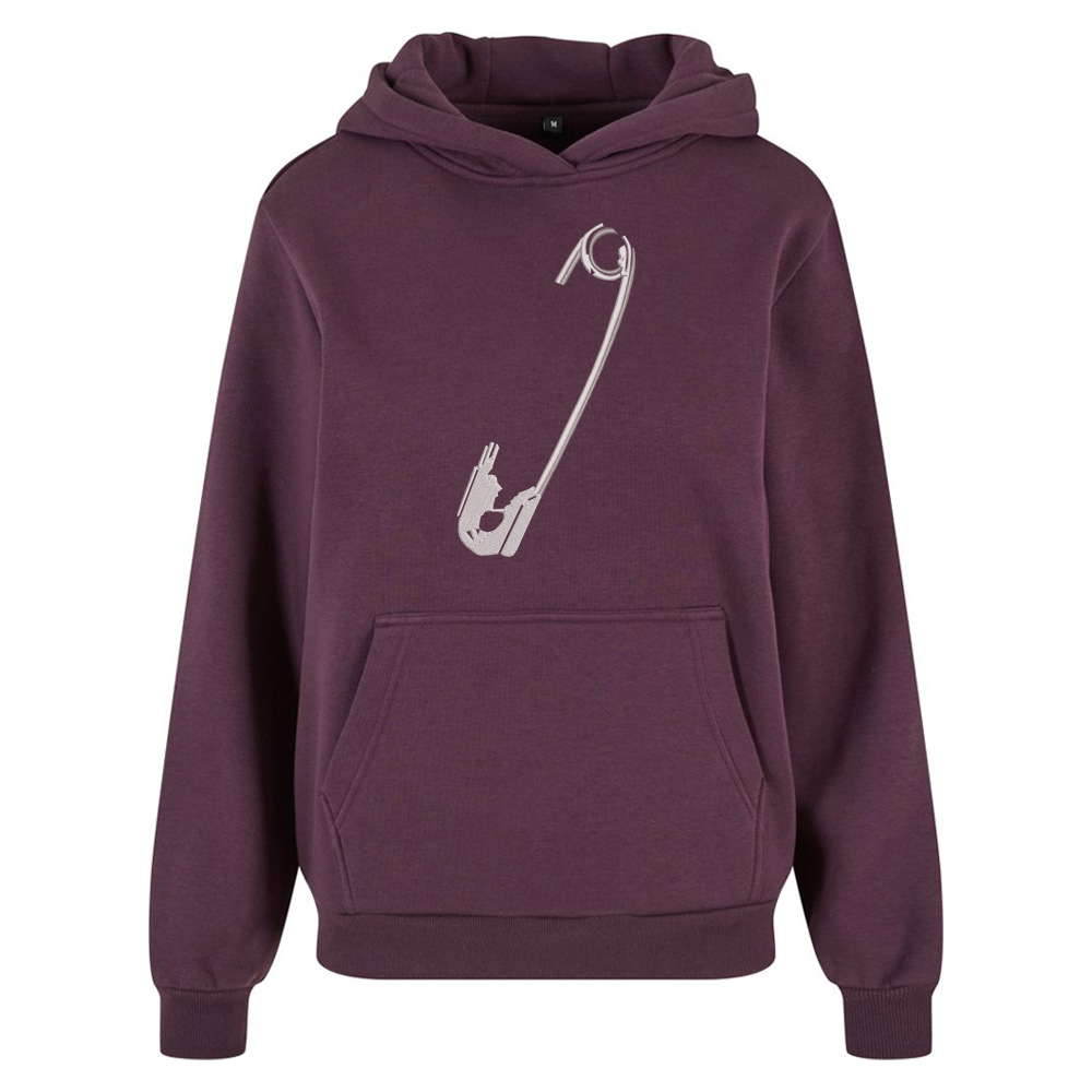 Streetwear mikina s výšivkou Spínací špendlík Fialová mikina s výšivkou Spínací špendlík na přední straně – streetwear styl