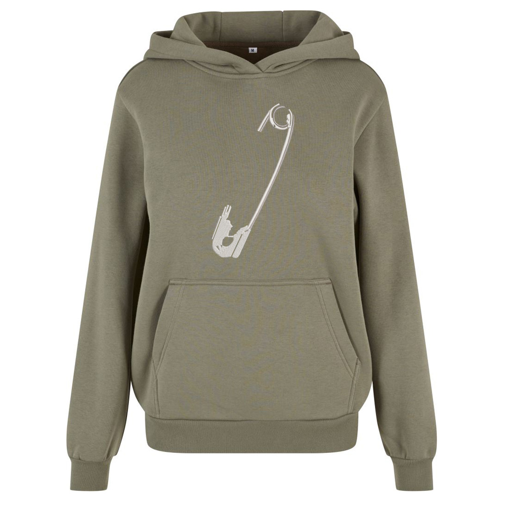 Streetwear mikina s výšivkou Spínací špendlík Khaki mikina s výšivkou Spínací špendlík – minimalistický streetwear styl