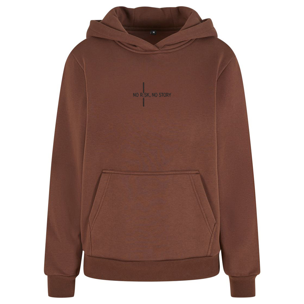 Motivační výšivka na oblečení „No risk, no story“ Hnědá mikina s motivační výšivkou „No risk, no story“