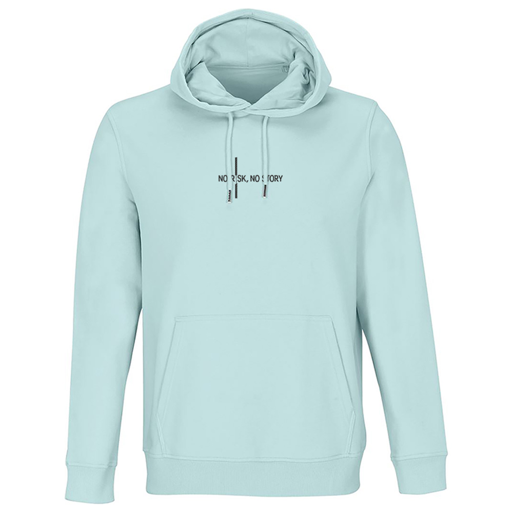 Motivační výšivka na oblečení „No risk, no story“ Světle modrá mikina s výšivkou „No risk, no story“