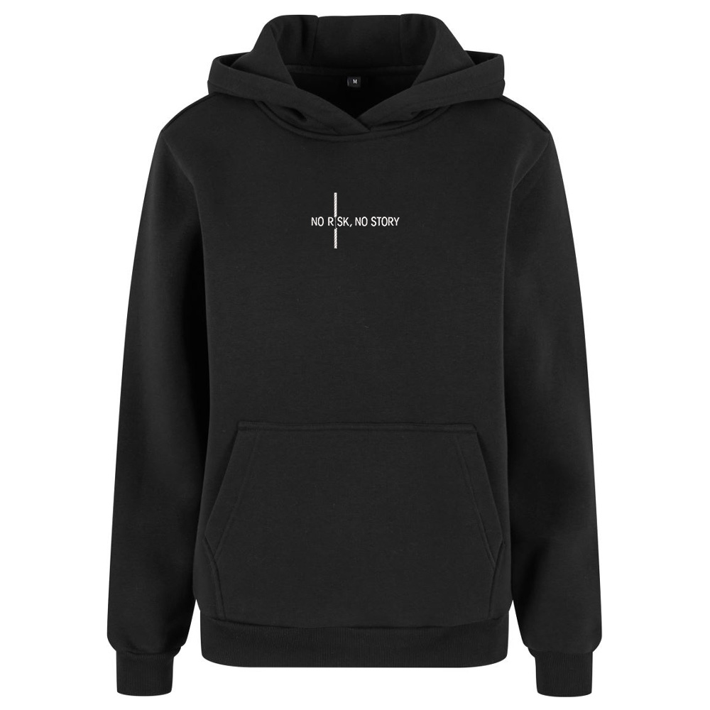 Motivační výšivka na oblečení „No risk, no story“ Černá mikina s motivační výšivkou „No risk, no story“
