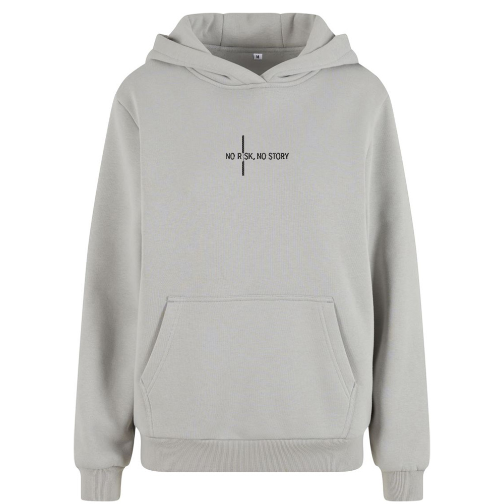Motivační výšivka na oblečení „No risk, no story“ Šedá mikina s výšivkou na oblečení „No risk, no story“