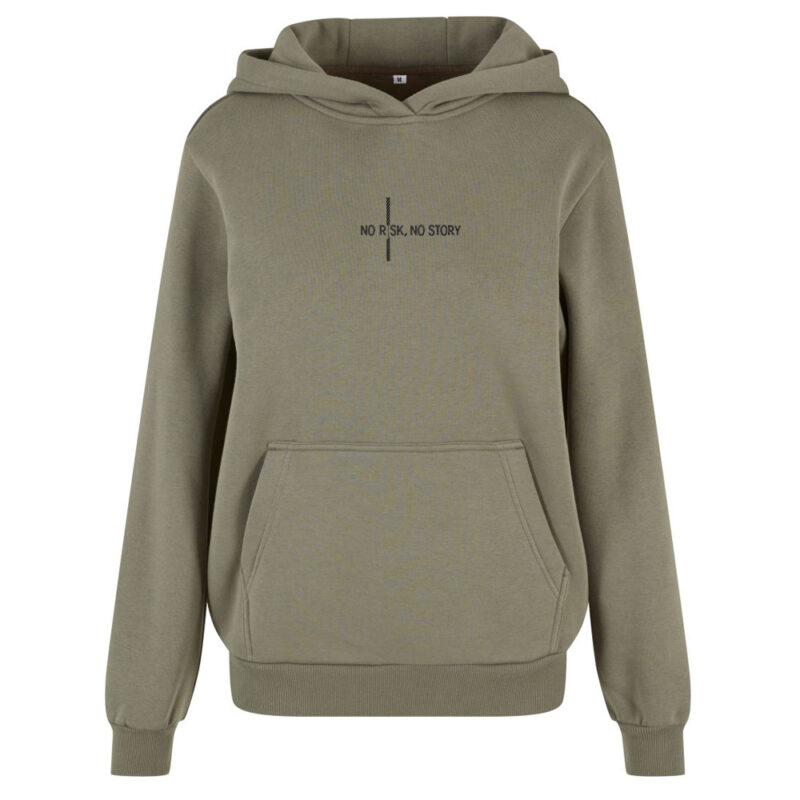 Motivační výšivka na oblečení „No risk, no story“ Zelená mikina s výšivkou na oblečení „No risk, no story“ (černá nit)