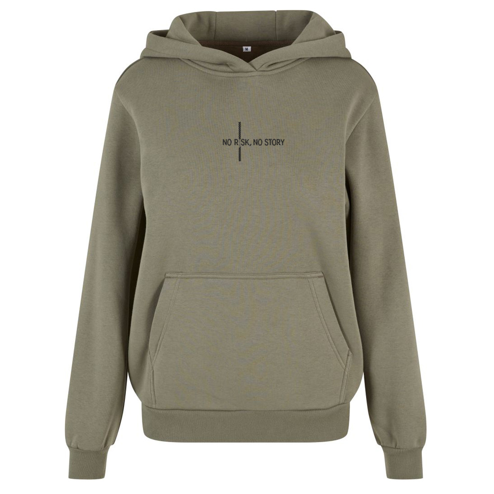 Motivační výšivka na oblečení „No risk, no story“ Zelená mikina s výšivkou na oblečení „No risk, no story“ (černá nit)