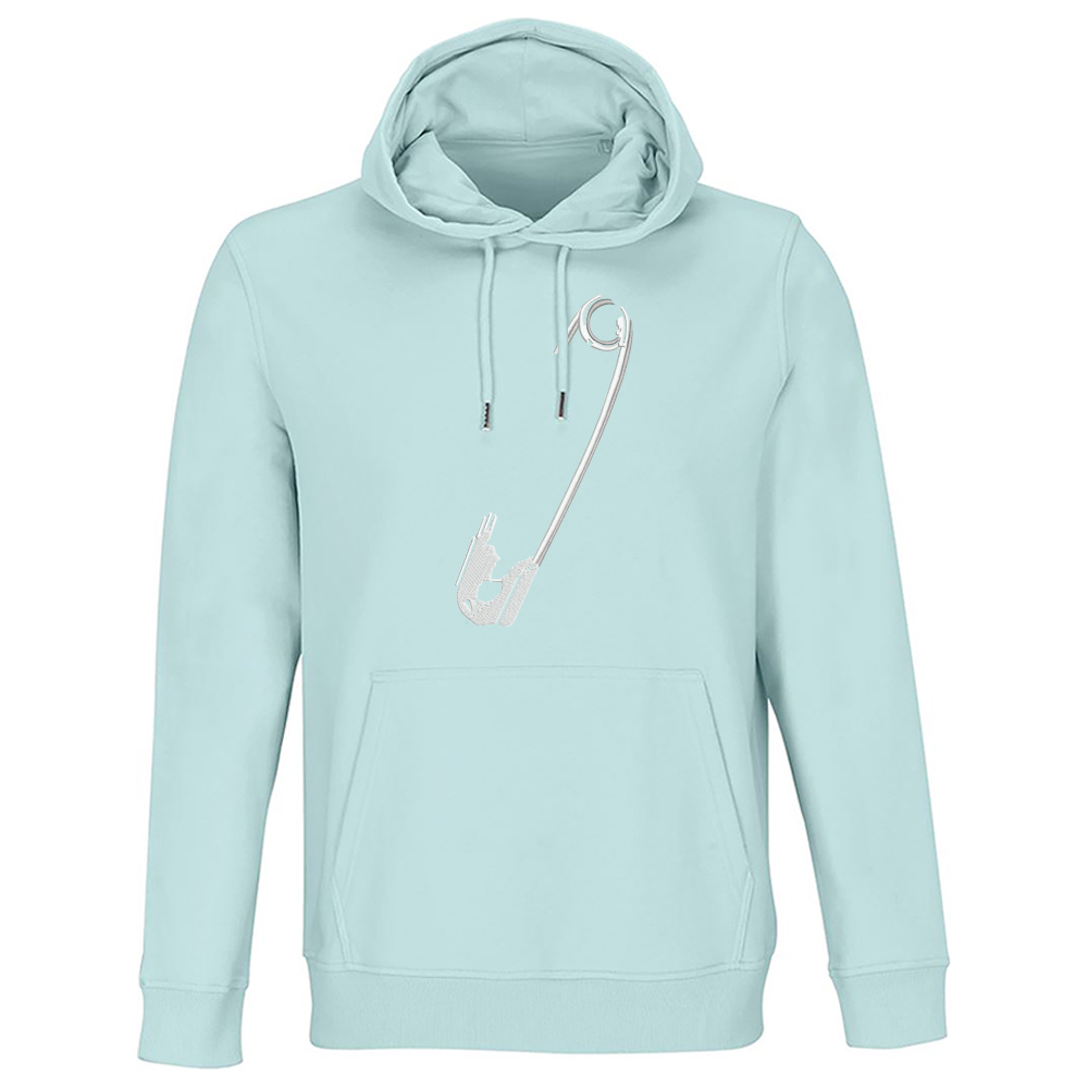 Streetwear mikina s výšivkou Spínací špendlík Světle modrá mikina s výšivkou Spínací špendlík – originální streetwear design
