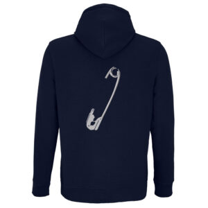Streetwear mikina s výšivkou Spínací špendlík Tmavě modrá mikina s výšivkou Spínací špendlík na zádech – streetwear styl