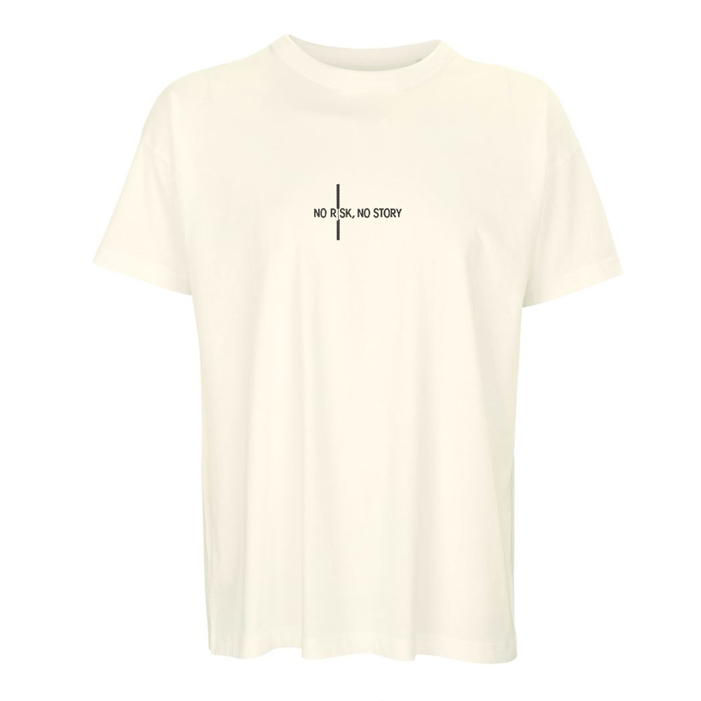 Motivační výšivka na oblečení „No risk, no story“ Bílé tričko s výšivkou na oblečení „No risk, no story“